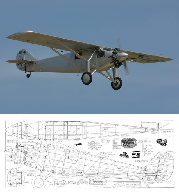 FF-RC : Spirit of St Louis 1/16 Scale 34½" .020 Model Airplane Plans Flyline 